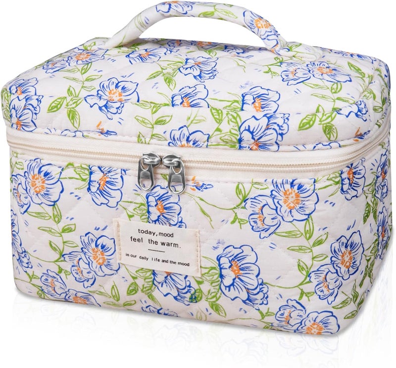 Gosect Large Makeup Bag, Cute Cosmetic Bag for Women Girls, Floral Coquette Aesthetic Toiletry Bag, Travel Make Up Organizer Bag (light blue) - Image 1
